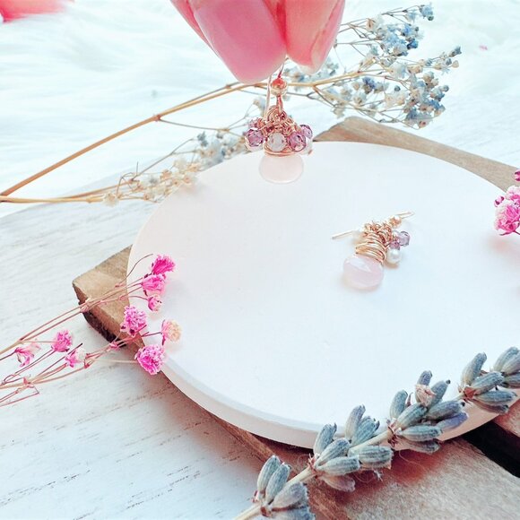 New Rose Quartz with Tiny Gemstones Cluster Earrings | Handmade in BC - Picture 2 of 4